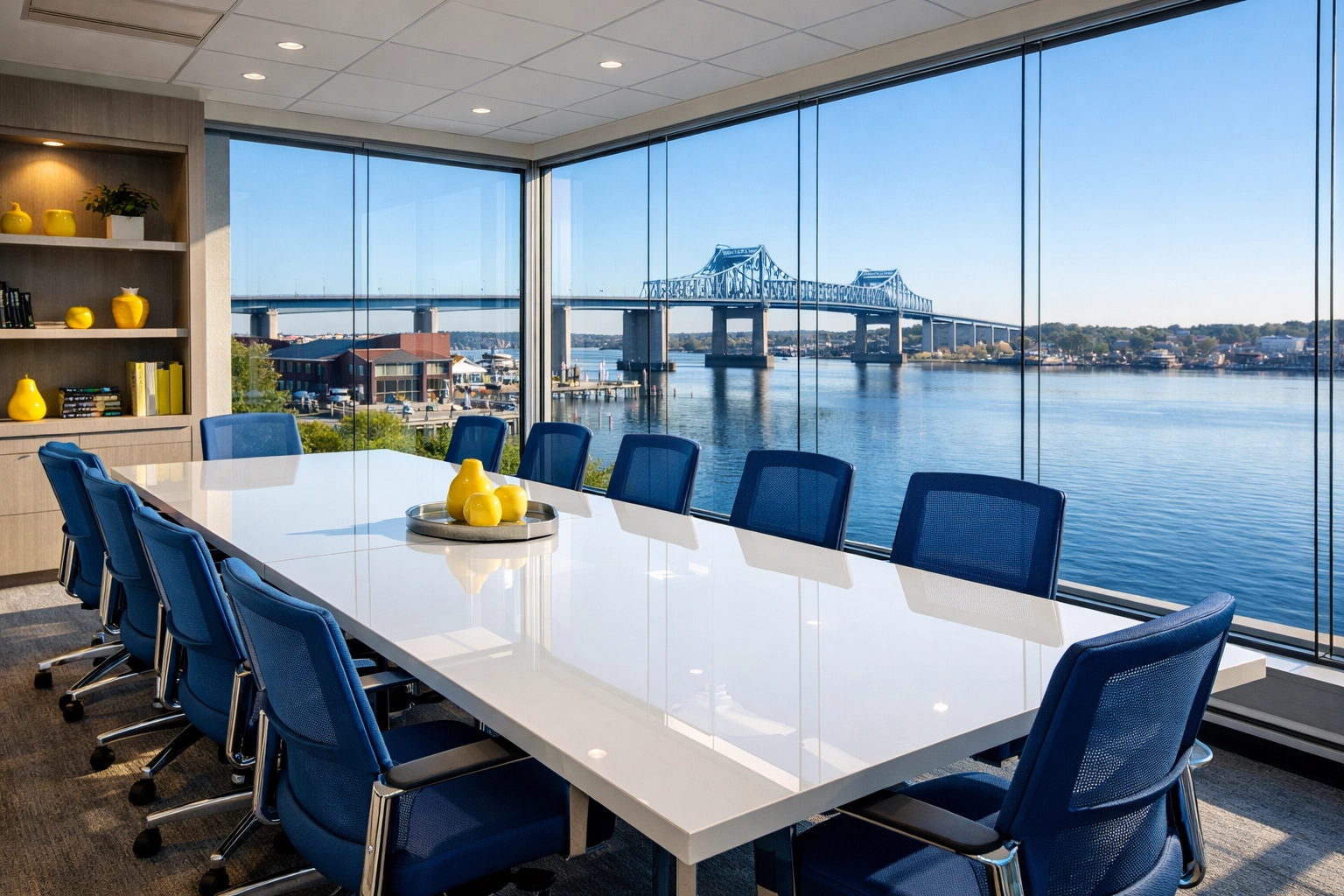 Clean conference room overlooking the Fall River waterfront with streak-free glass windows.