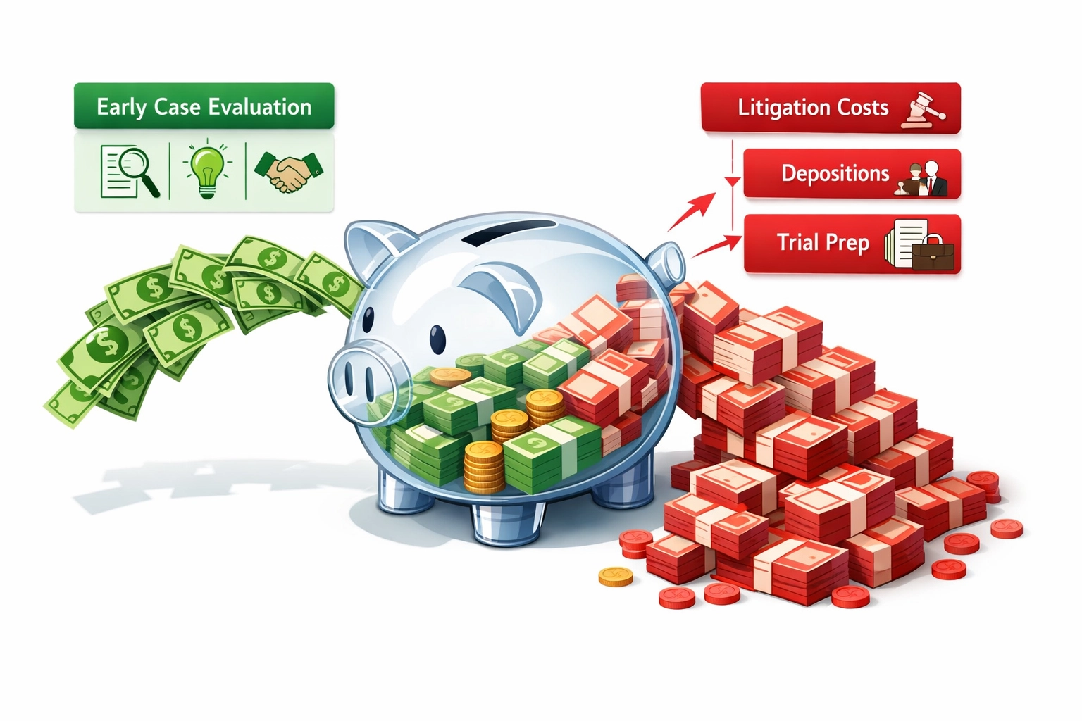 Cost comparison illustration showing savings from early case evaluation versus litigation expenses