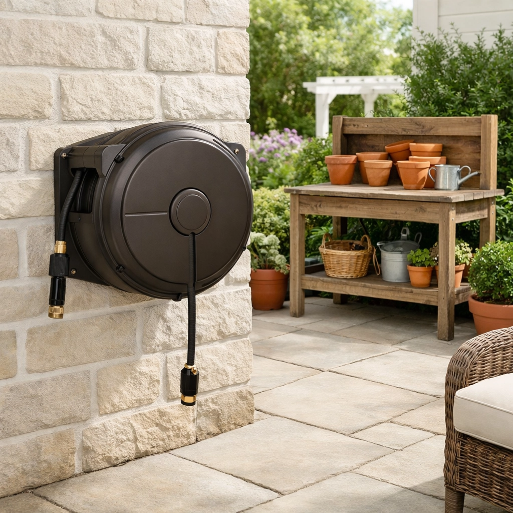 Wall-mounted retractable hose reel on a tidy patio to eliminate tripping hazards in the garden.