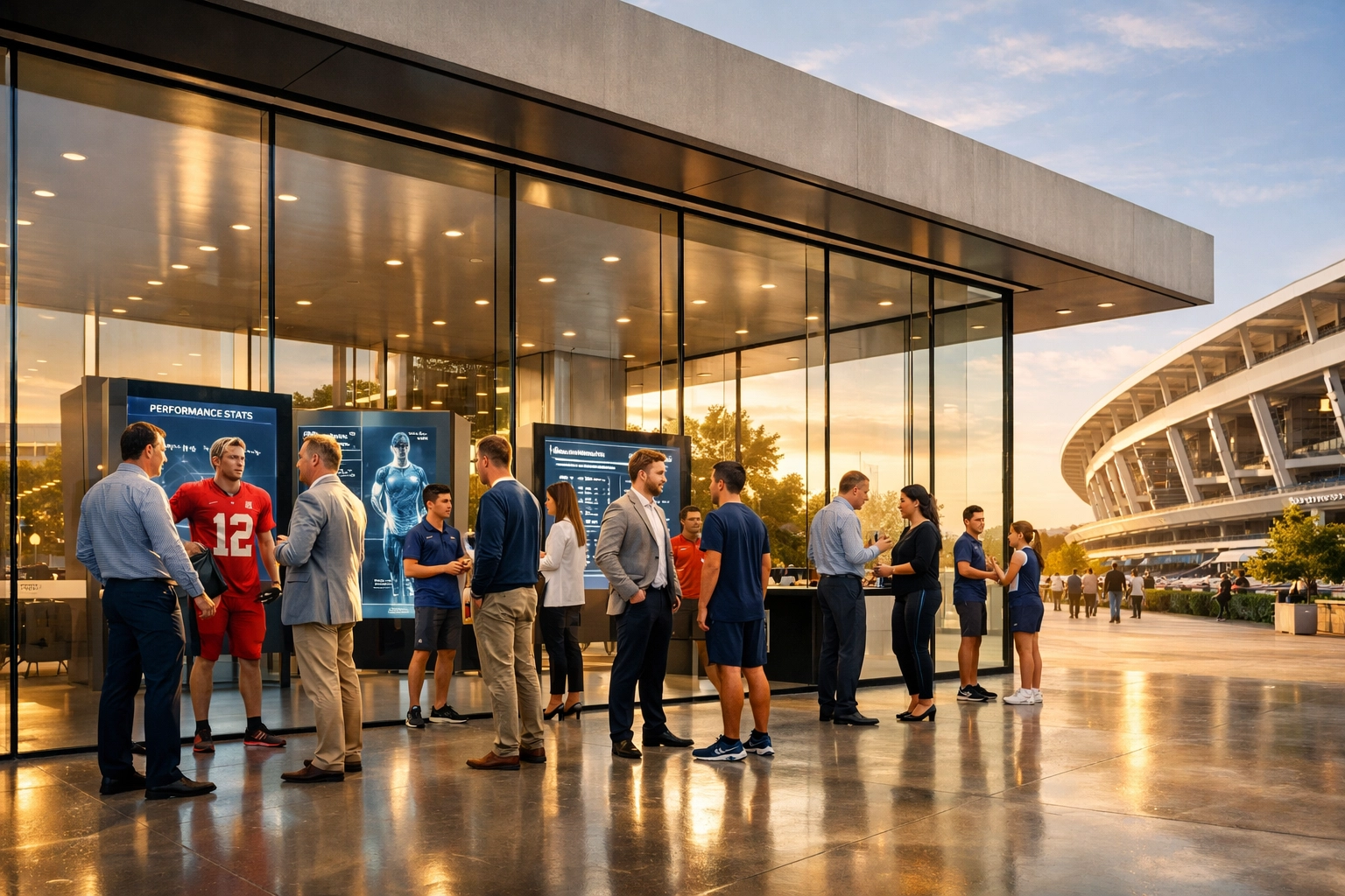 Corporate leaders and athletes at a sleek NIL brand activation hub near a football stadium during a major event.