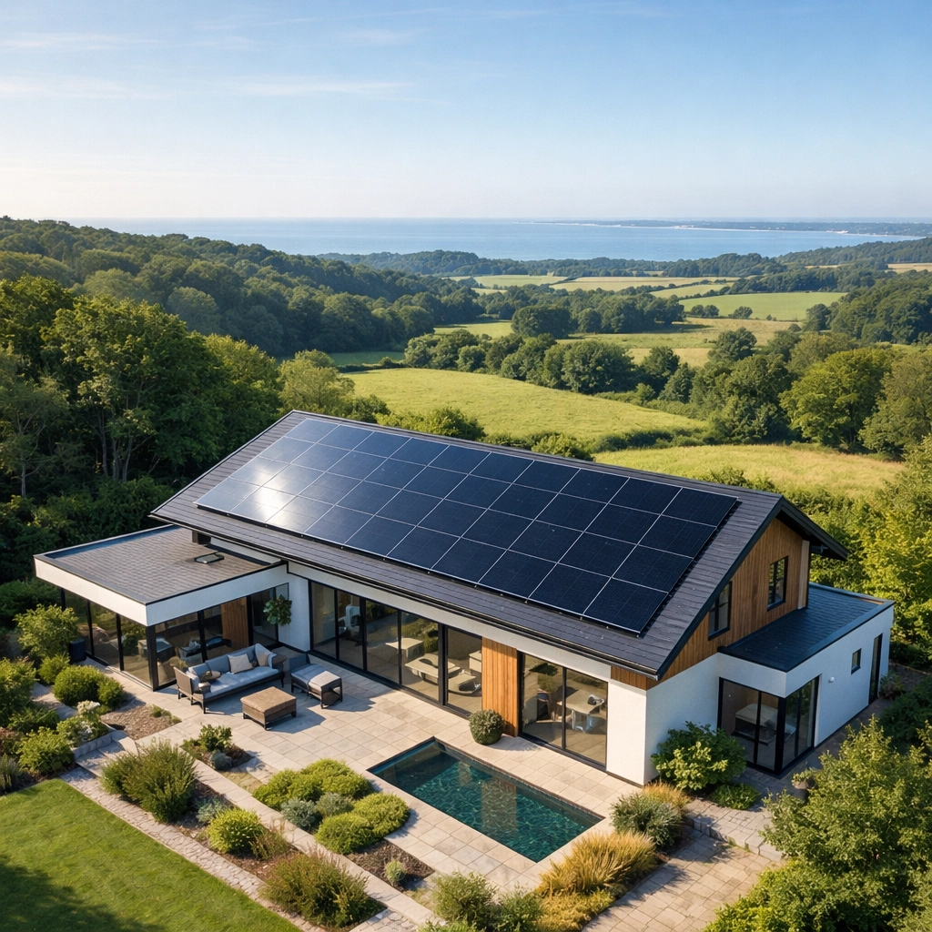 Modern residential solar panel installation on a contemporary home in the Hampshire countryside.