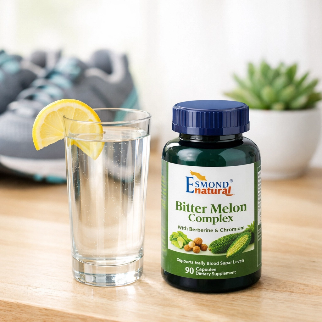 Esmond Natural Bitter Melon Complex bottle next to water in a healthy morning wellness routine