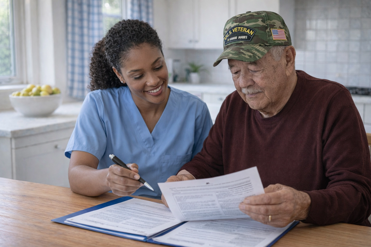 Veteran receiving home care assistance from caregiver in Warrenton reviewing Aid & Attendance paperwork