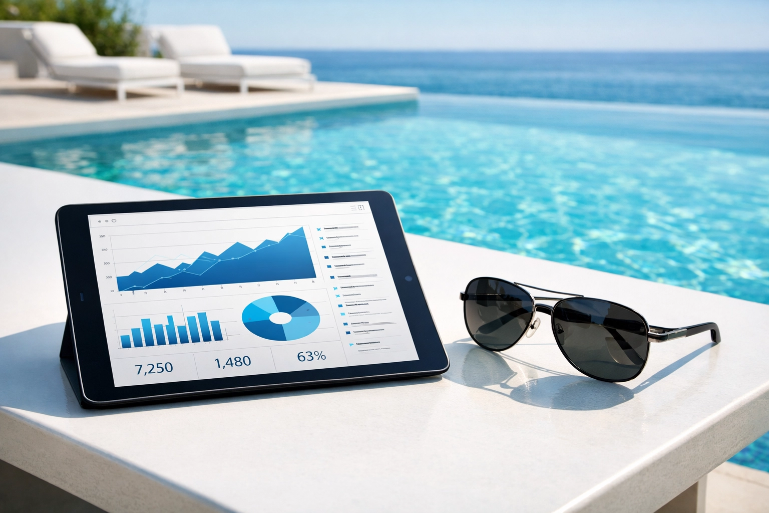 Digital tablet displaying pool service profit data and billing transparency for route buyers.