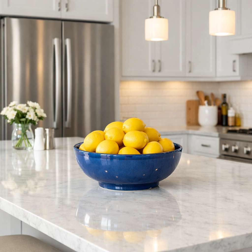 Sparkling marble kitchen island and white cabinets representing deep cleaning services in Leominster.