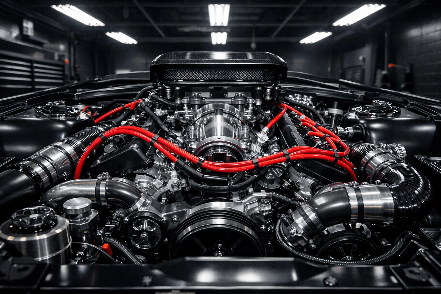 Clean high-performance engine bay with chrome and red accents in a professional auto service garage.