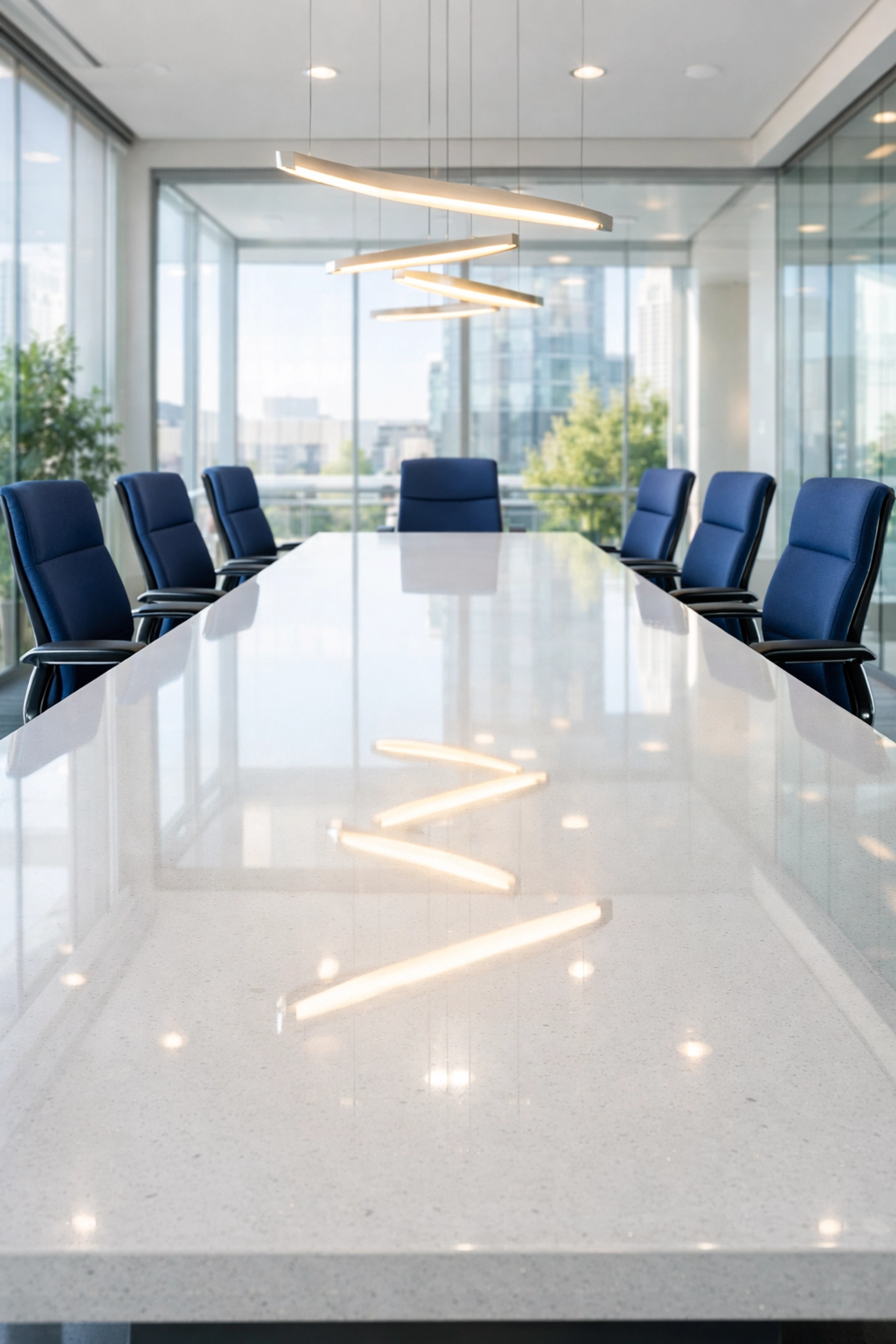 Clean glass-walled conference room in a Framingham office showing a sanitized table and organized chairs.