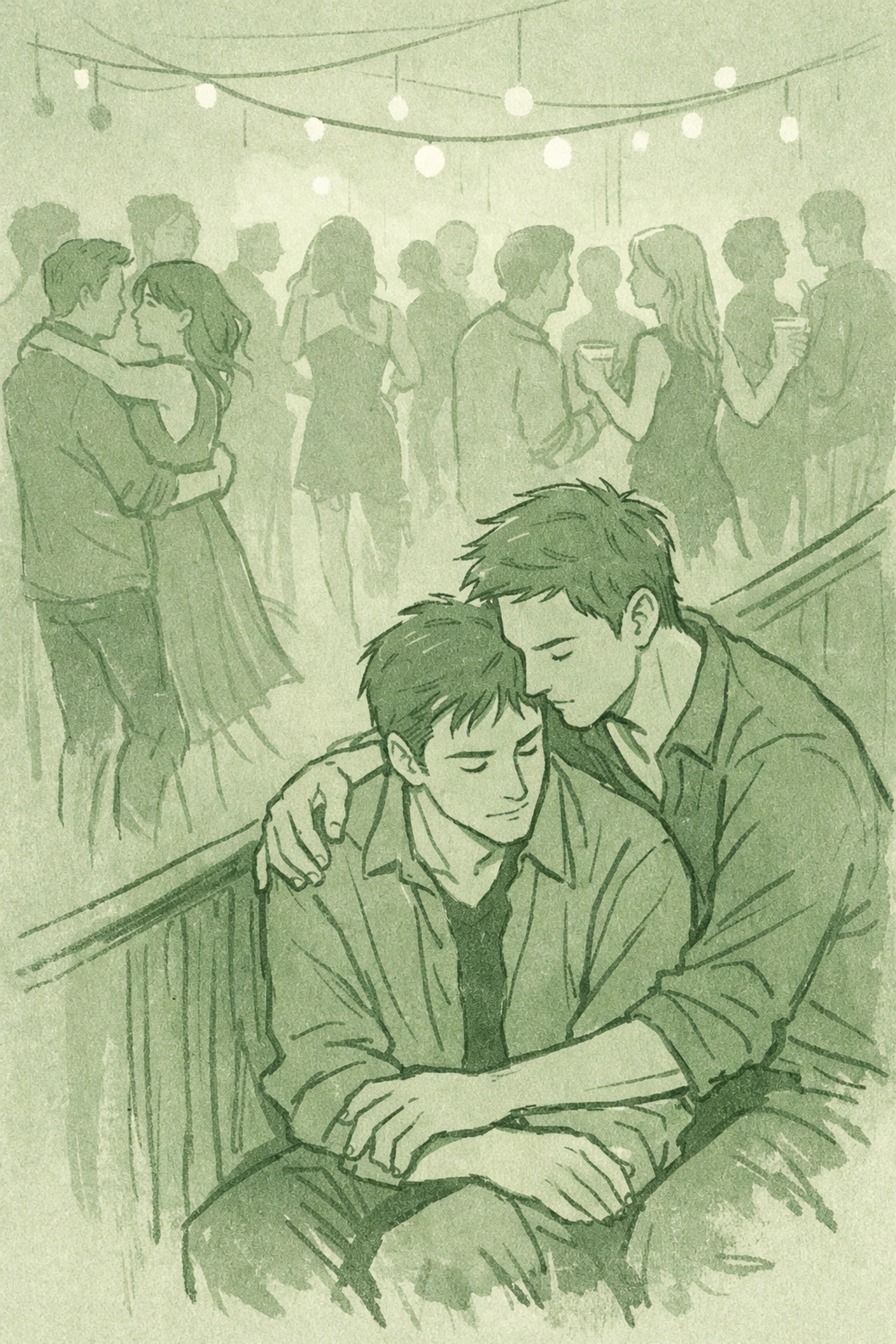 Gay men connecting at community party, intimate moment amid crowd in LGBTQ+ safe space