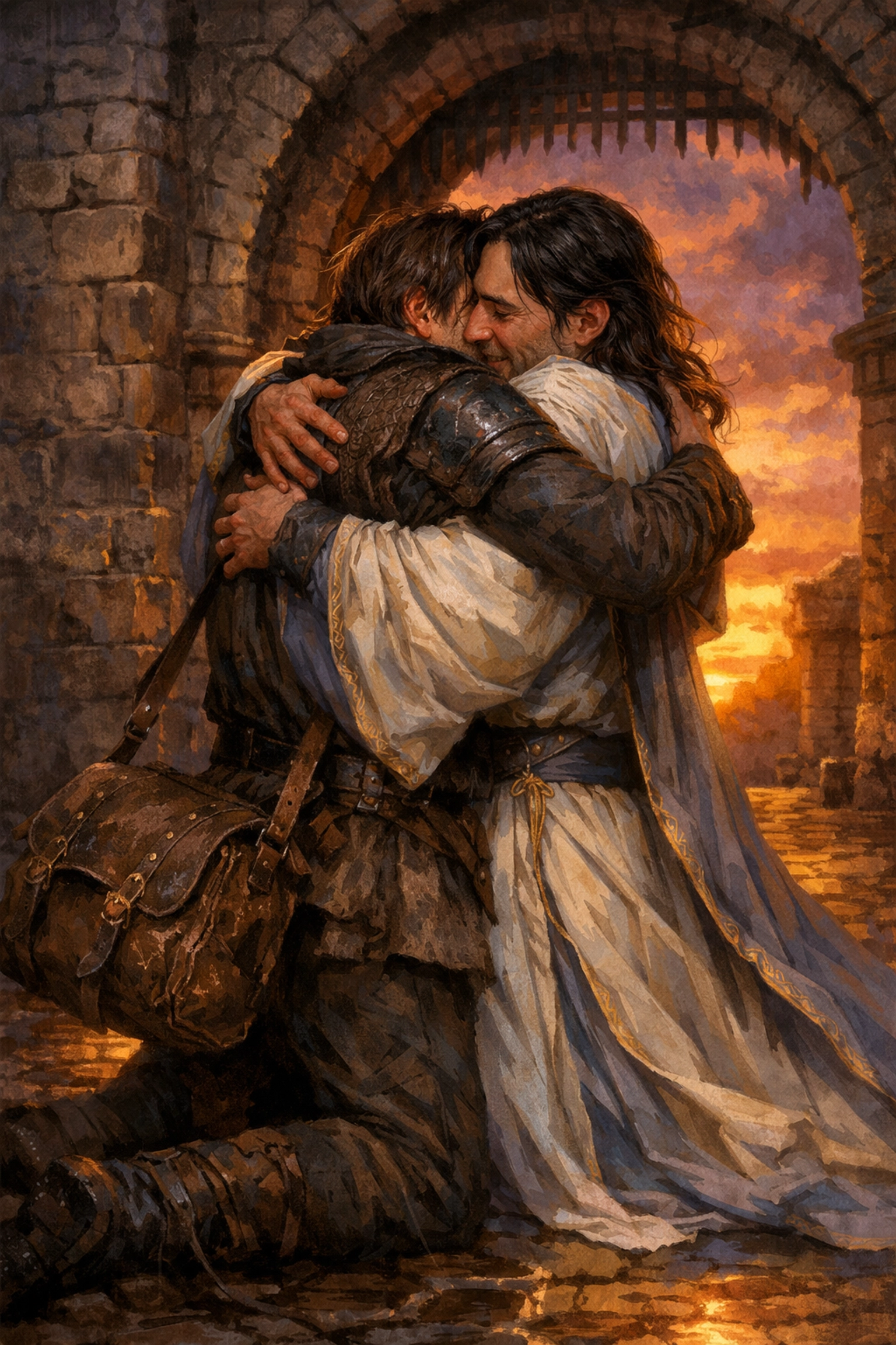 Two men embrace during a sunset reunion, representing a second chance gay love story with a happy ending.