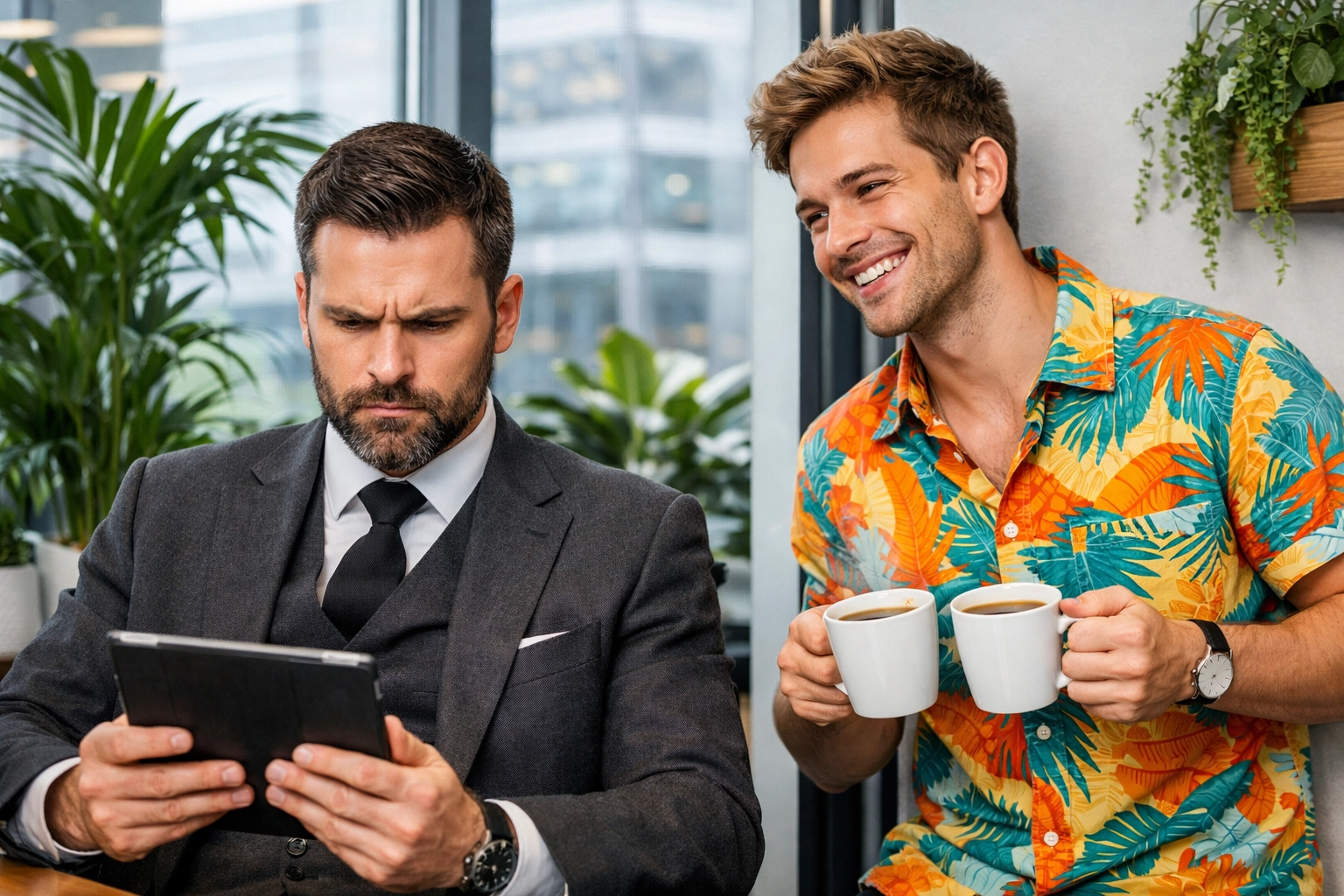 A grumpy CEO and sunshiny employee sharing coffee, showing the popular grumpy vs sunshine mm romance trope.