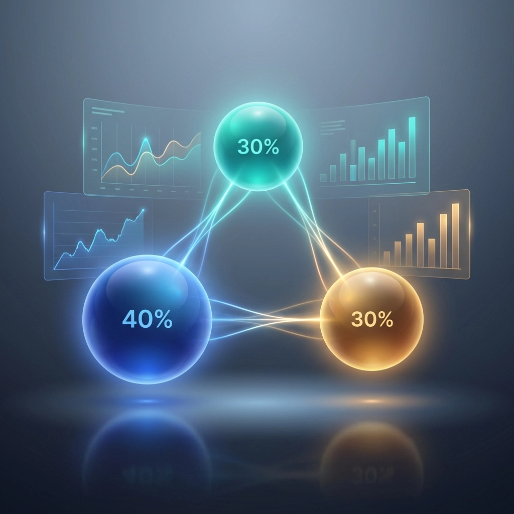 Three interconnected spheres illustrate the 40/30/30 asset allocation model, highlighting investment diversification.