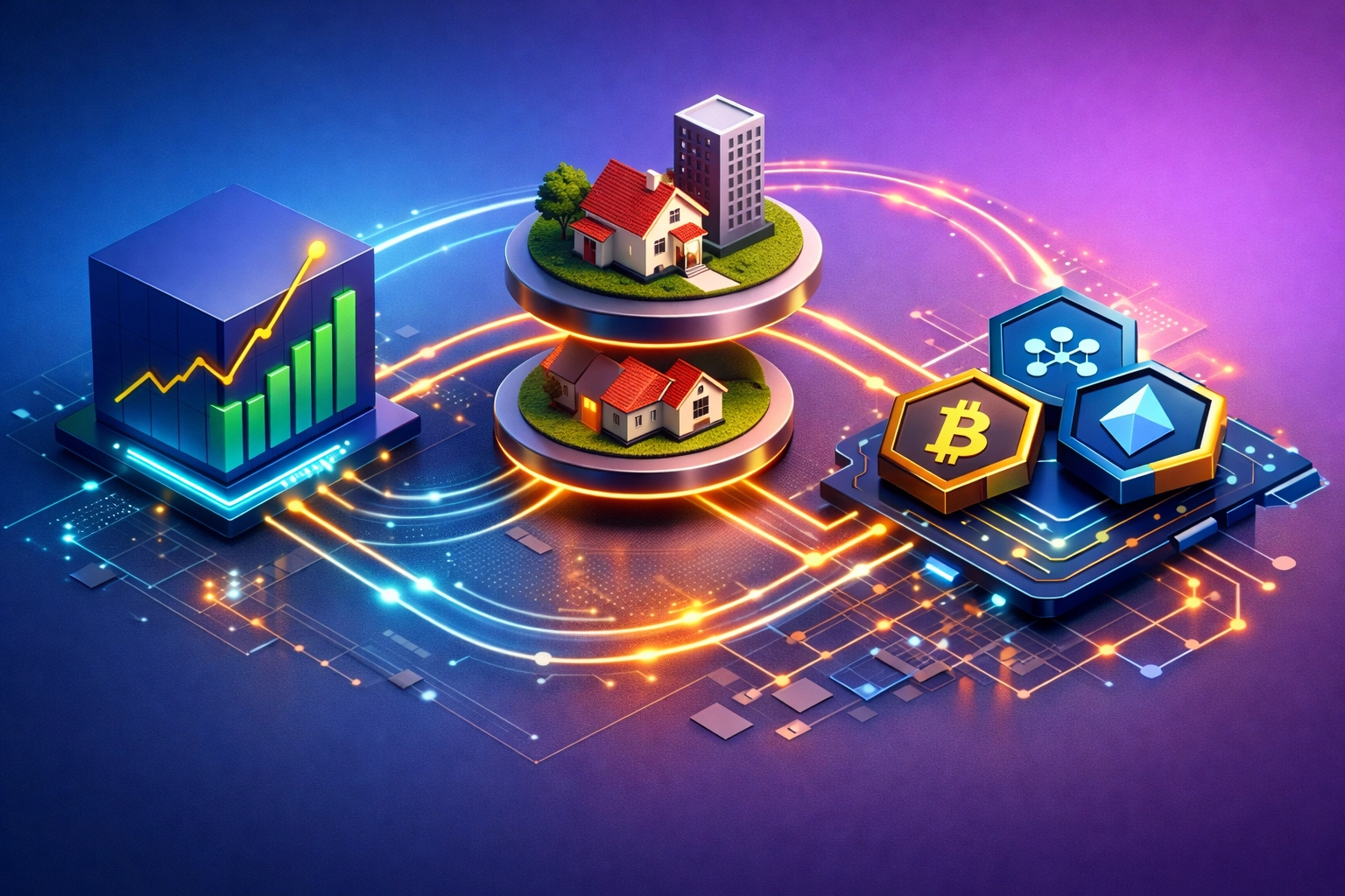 Connected asset classes showing diversified portfolio with stocks, real estate, and digital investments