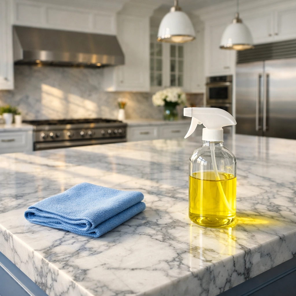 Eco-friendly residential cleaning Massachusetts on a luxury marble kitchen island in a Dover home.
