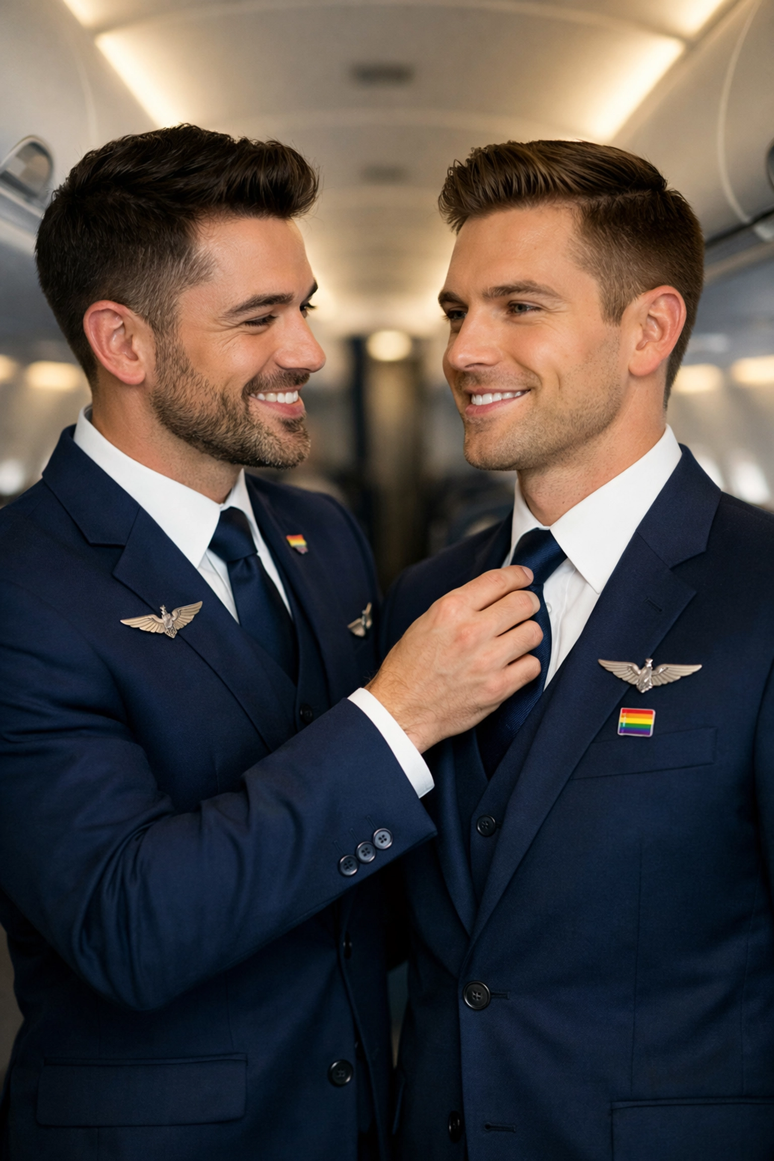 Gay male flight attendants in navy uniforms demonstrating professional grooming and pride in airplane cabin
