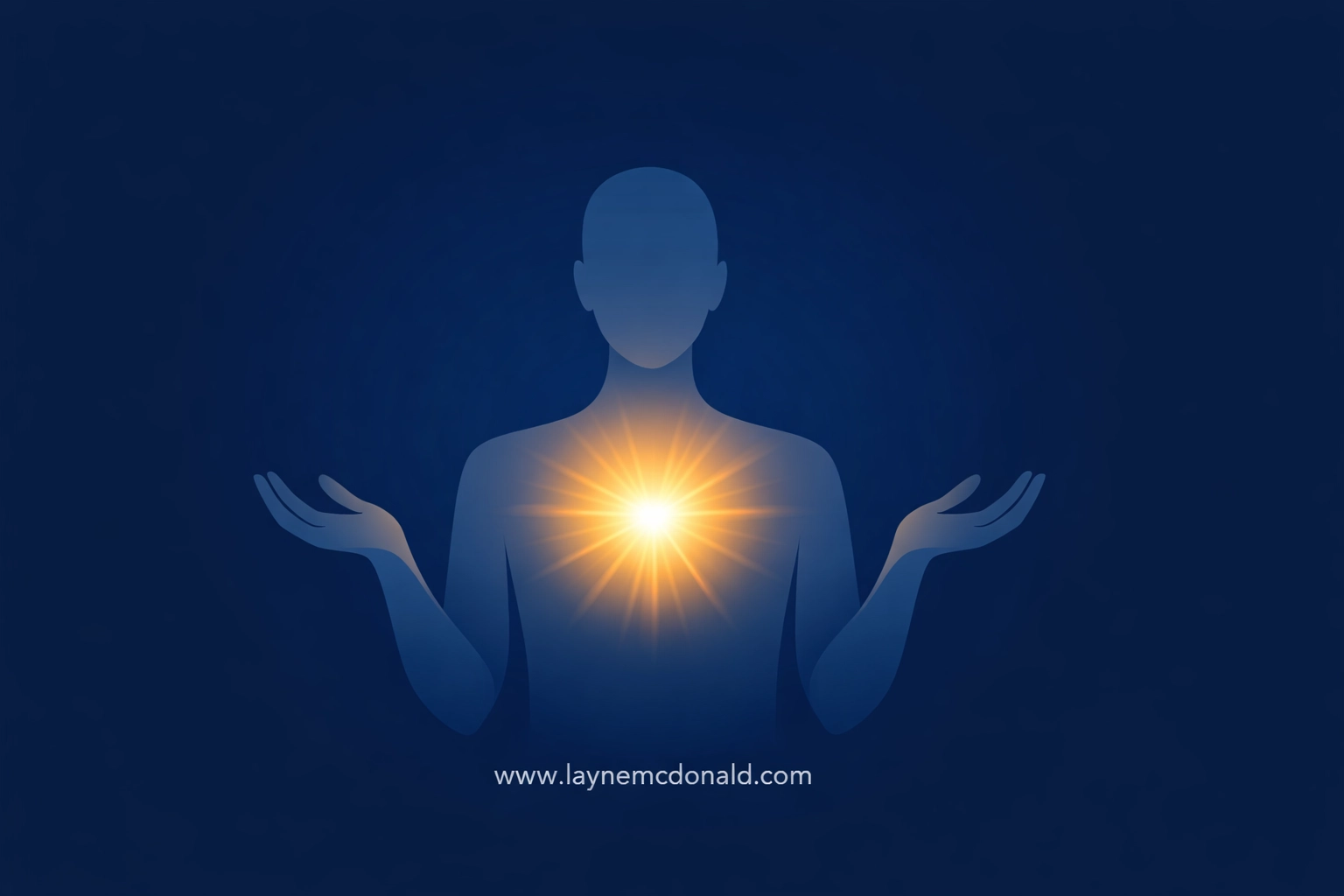 A silhouette with a glowing heart and open palms representing a heart posture of surrender and healing.
