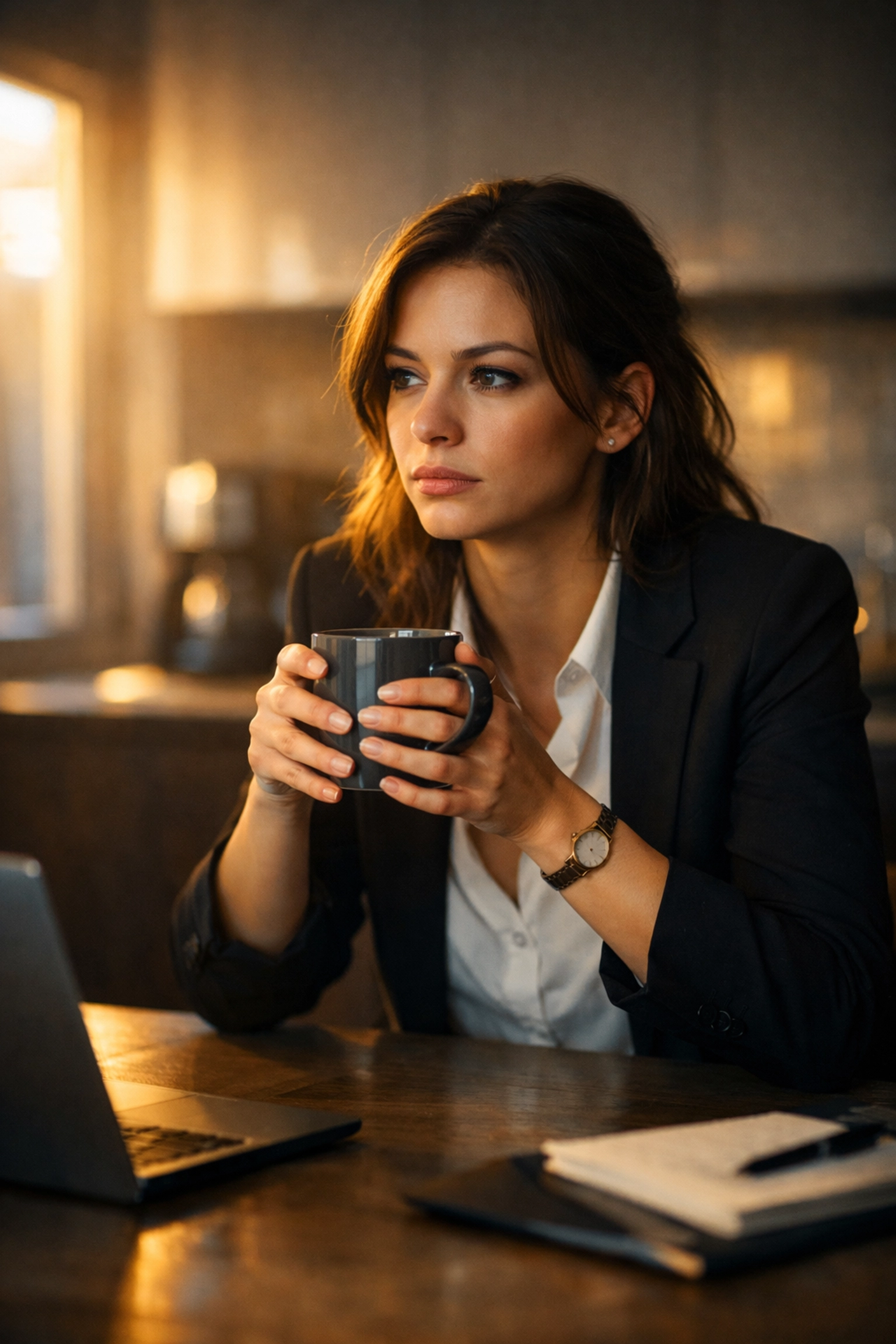 Woman experiencing cortisol imbalance symptoms with morning coffee showing fatigue and stress