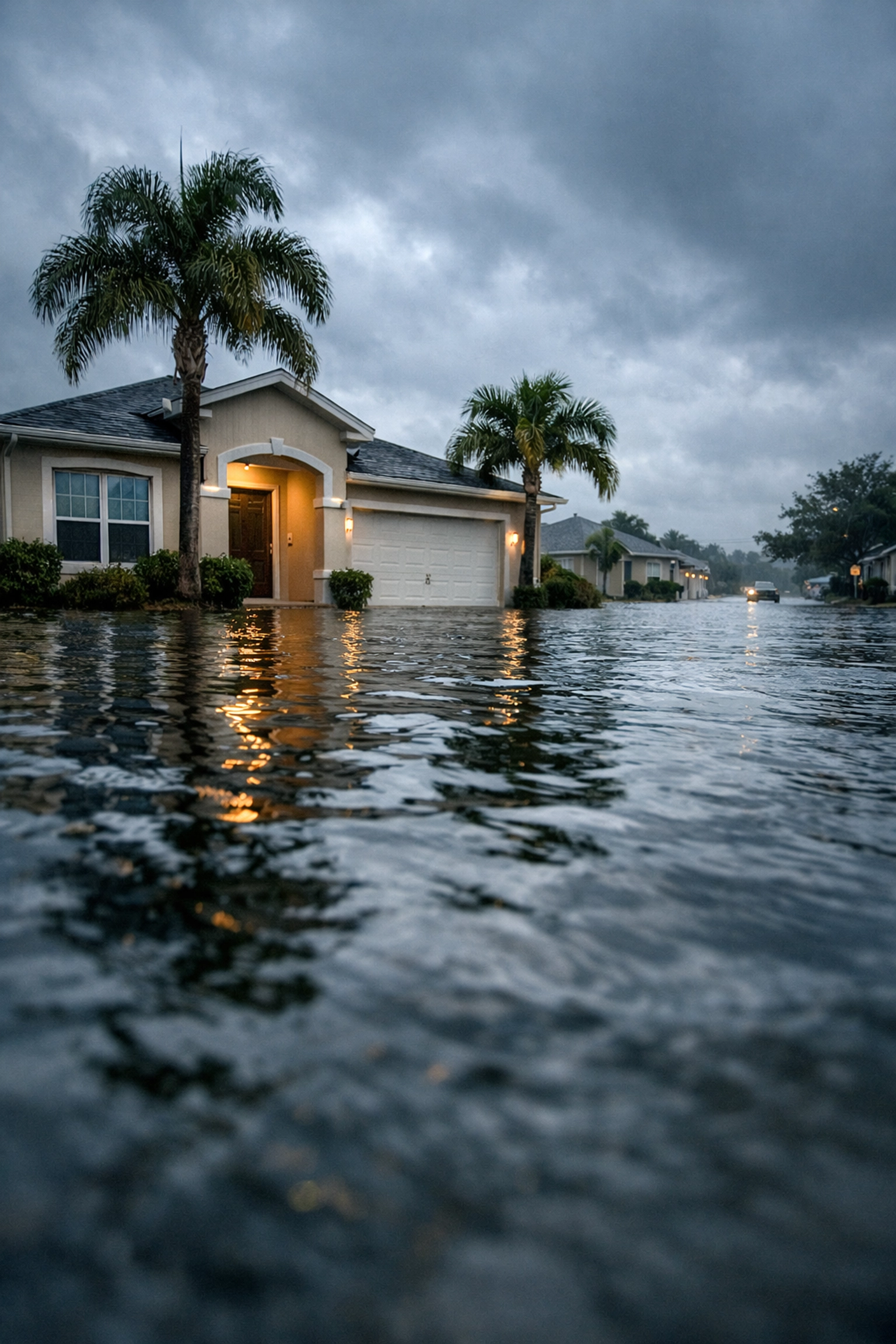 Flooded residential street in Florida with water approaching homes