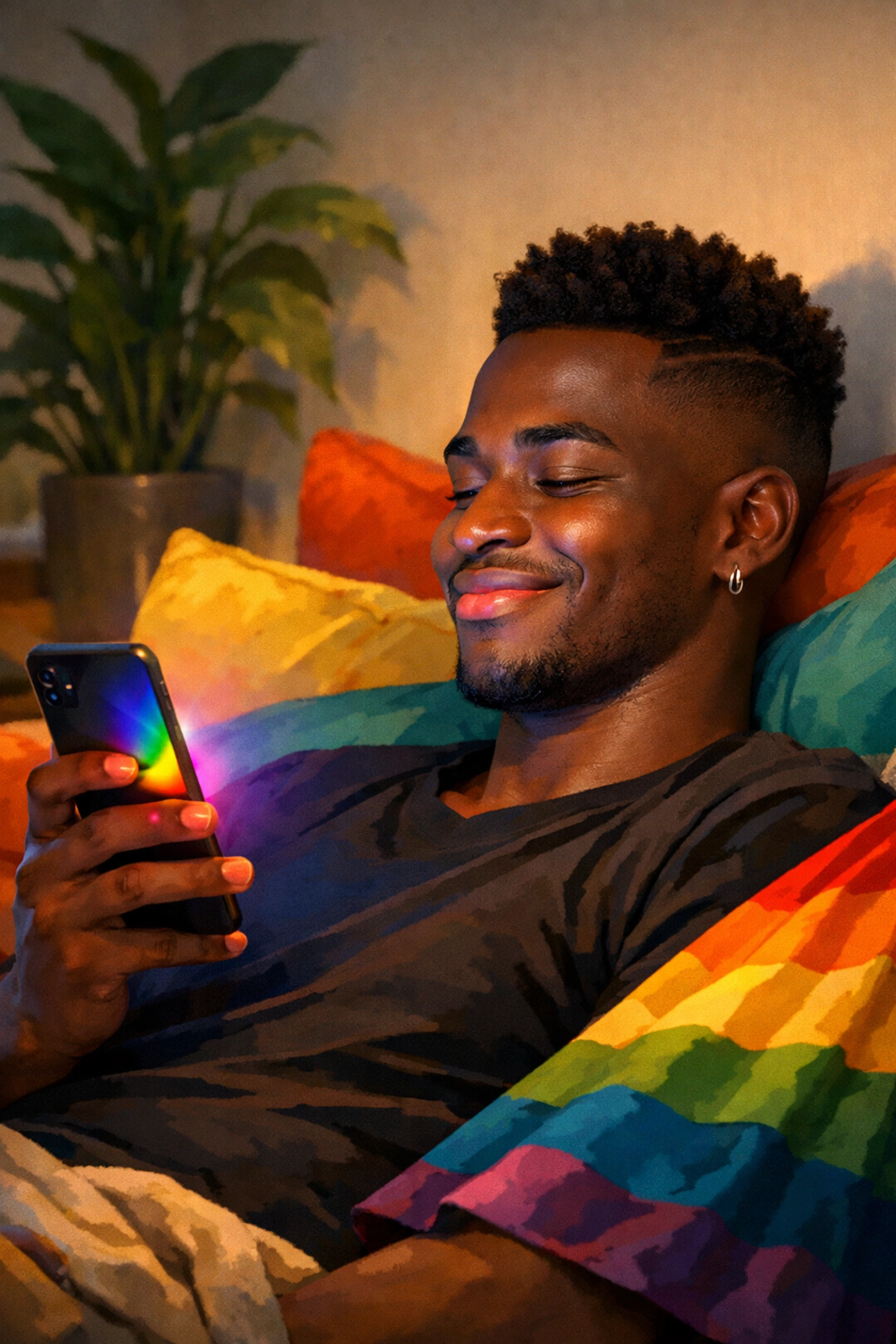 A young Nigerian man smiling at his phone in a safe space, finding community and MM romance books online.