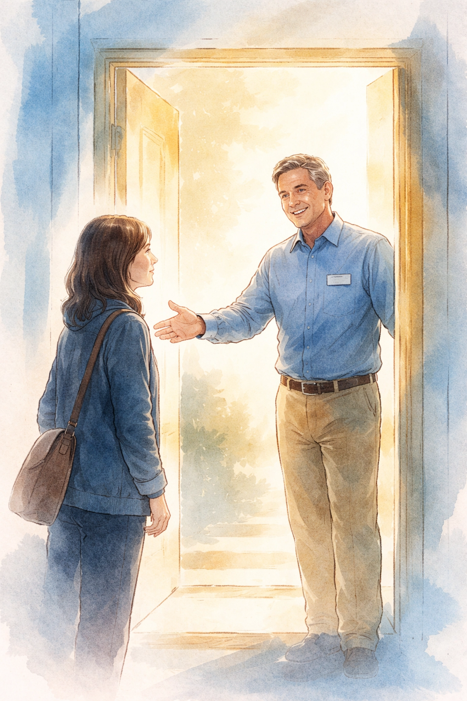 Watercolor illustration of a church greeter warmly welcoming a guest at the door, demonstrating open body language and a genuine smile for a safe and welcoming church experience.