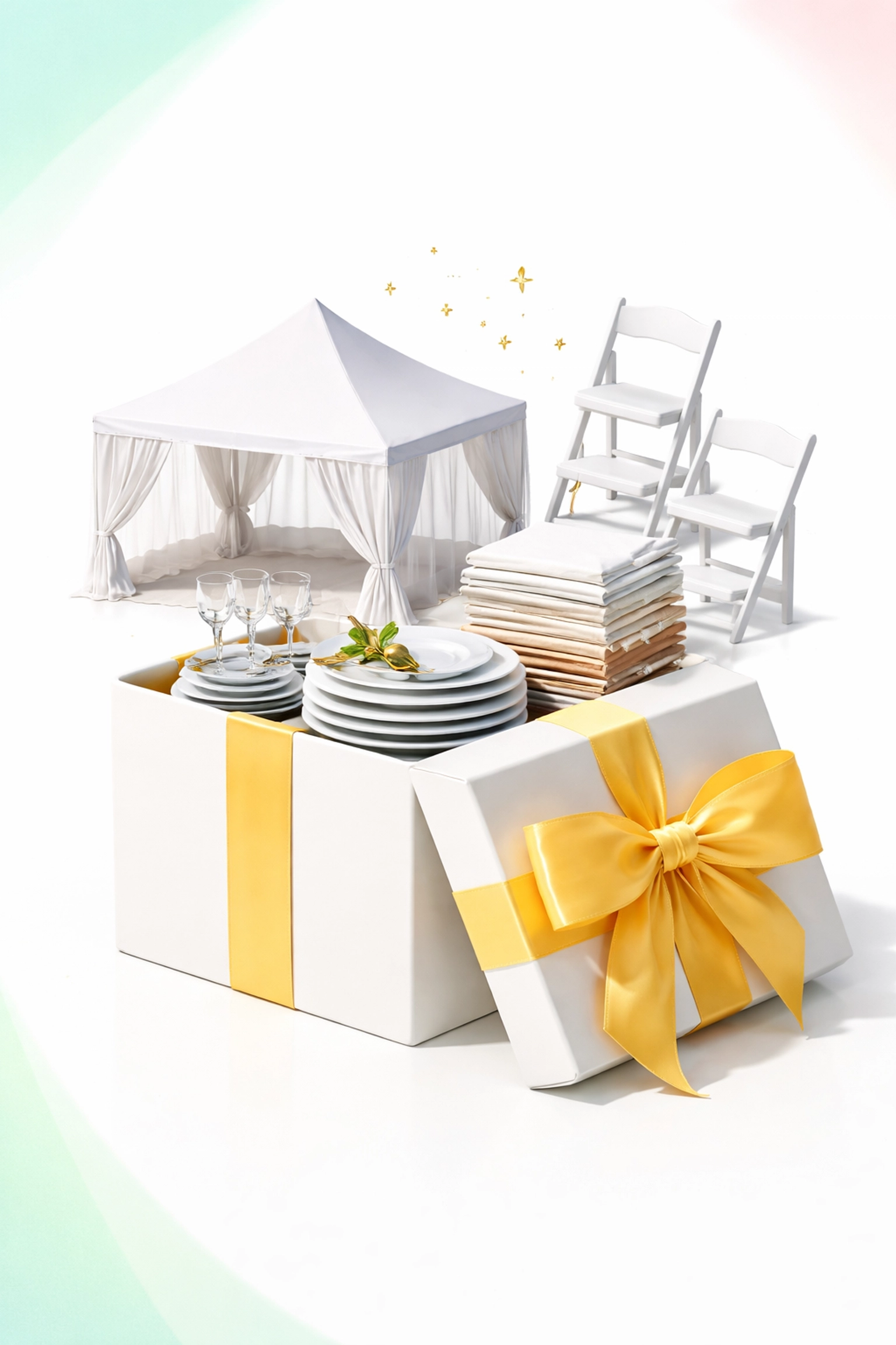 Miniature event rental items like tents and chairs neatly arranged in a gift box symbolize the simplicity and savings of one-stop rental platforms.