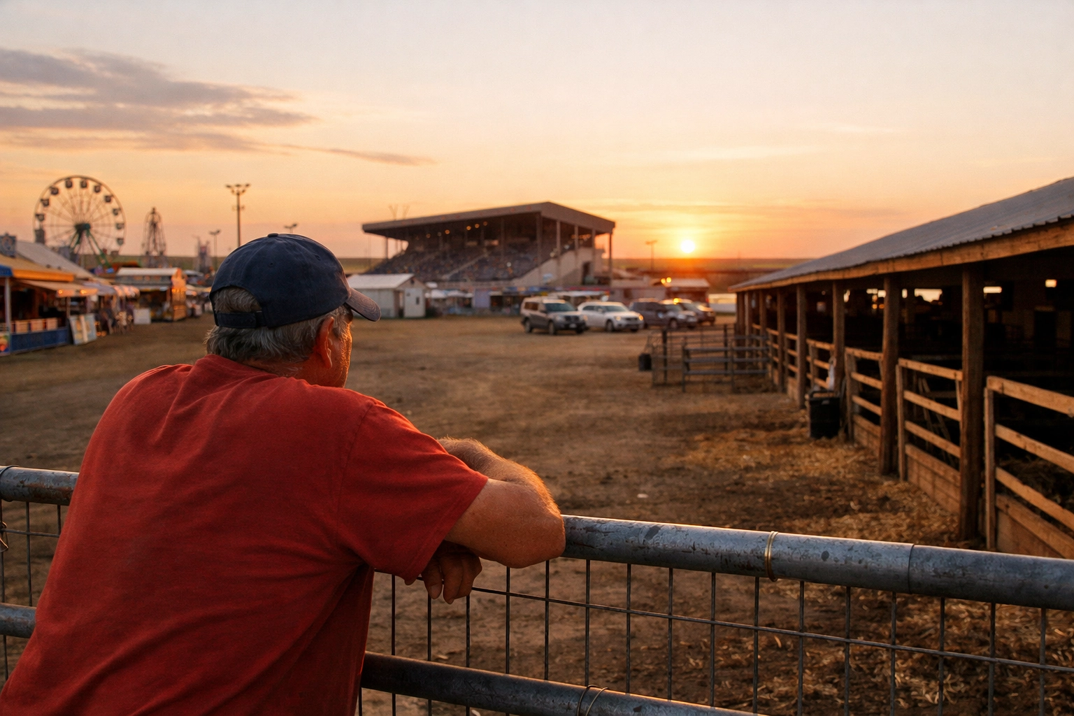 A volunteer overlooks a peaceful Canadian fairground, representing the legacy of community governance.