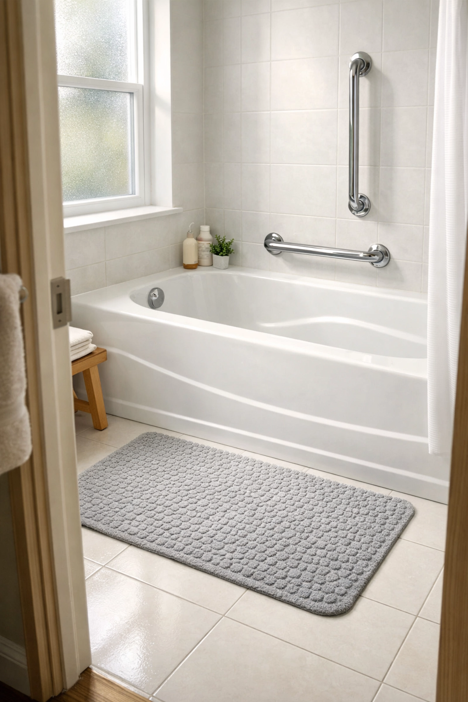 Bathroom safety features including grab bars and non-slip mat for fall prevention