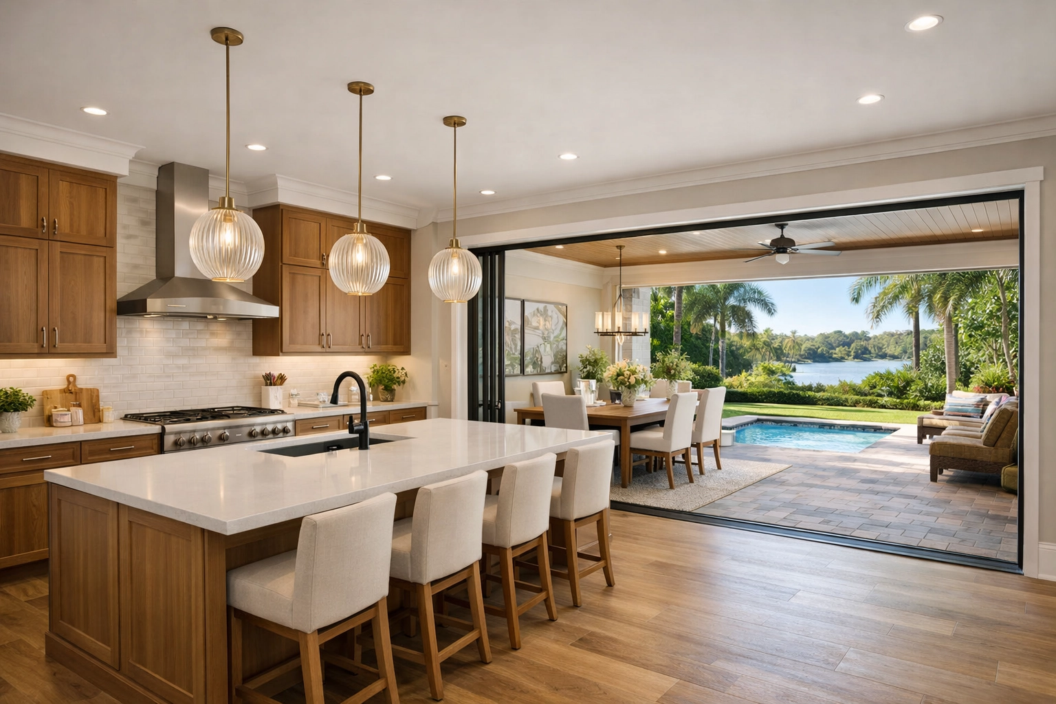 Completed open-concept kitchen remodeling Orlando connecting to a seamless outdoor living space.