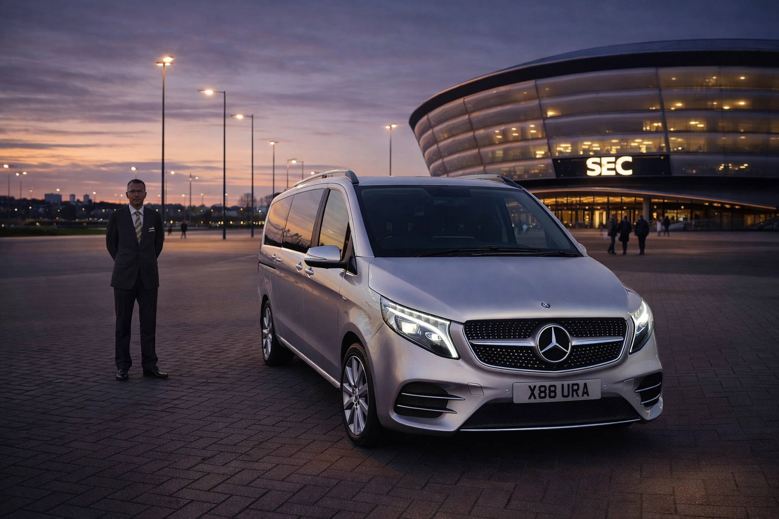 Silver Mercedes-Benz V-Class executive van at the Emirates Arena and Sir Chris Hoy Velodrome in Glasgow.