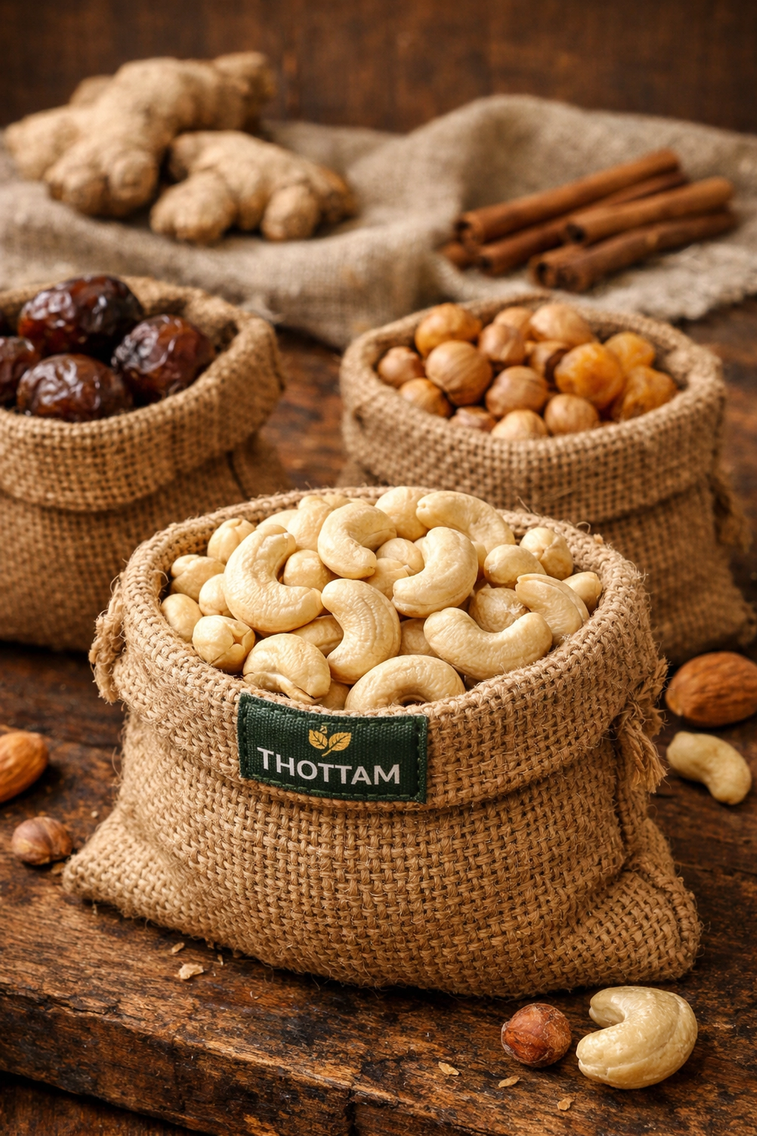 Farm-fresh premium dry fruits online India, showcasing curated quality nuts and spices in rustic bags.