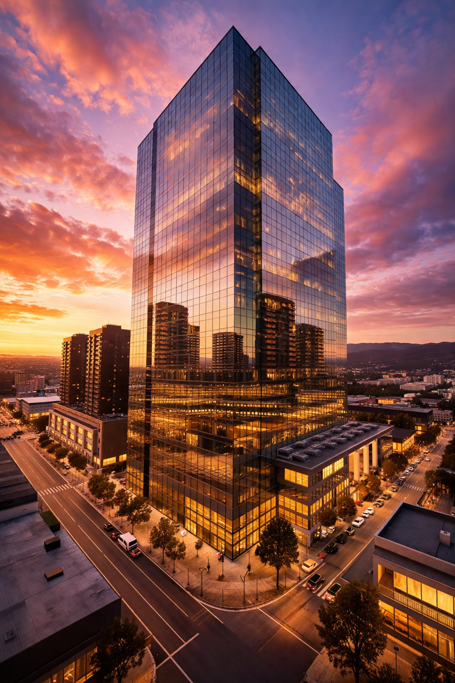 Modern glass skyscraper reflecting commercial real estate properties, representing real estate syndication in alternative investments.