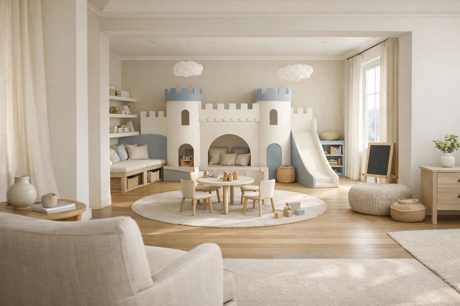 Modern home renovation showing a seamless transition between a living area and a playroom.