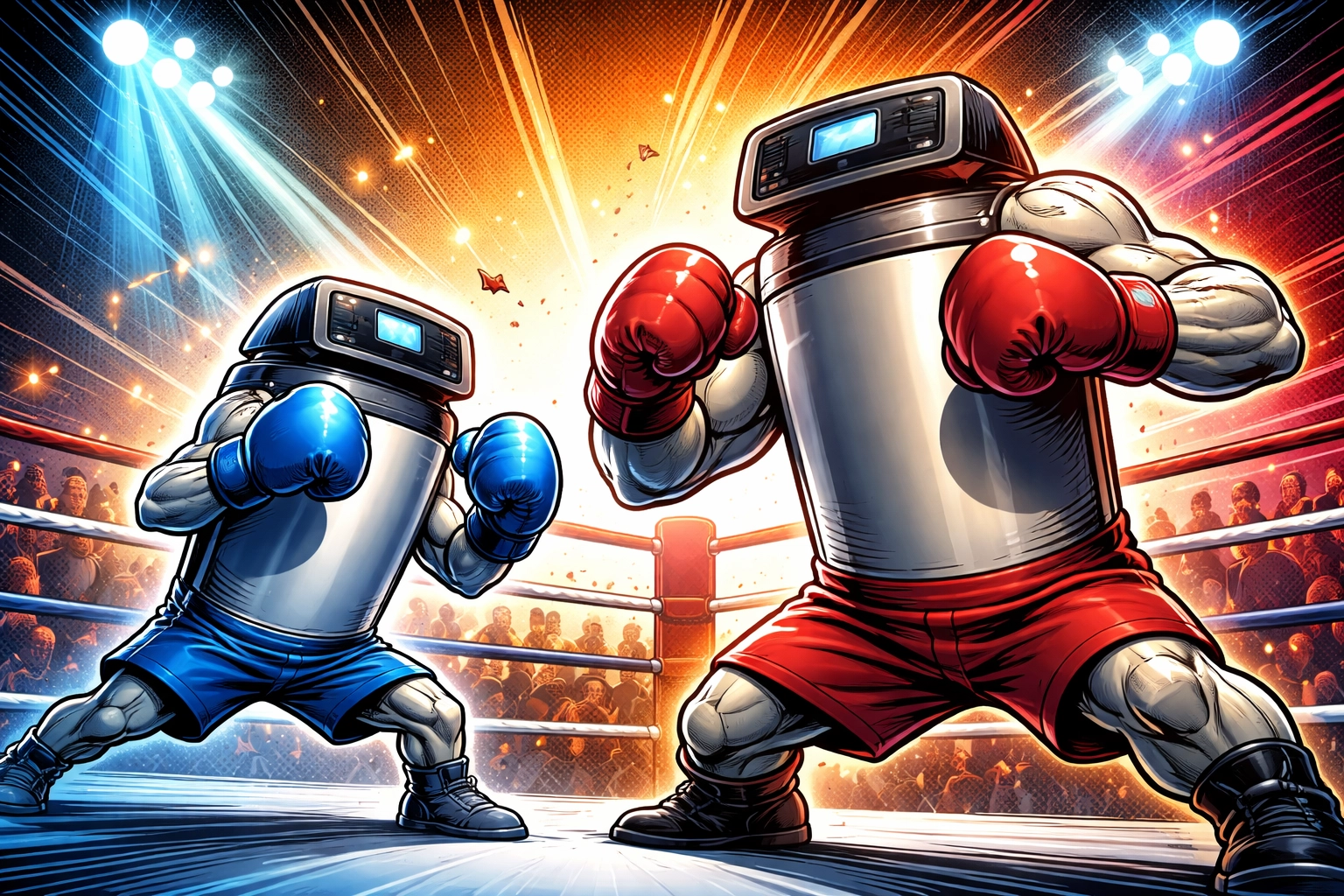 Comic-style illustration of 8,000 vs 16,000 grain RV water softeners in a boxing ring for product comparison