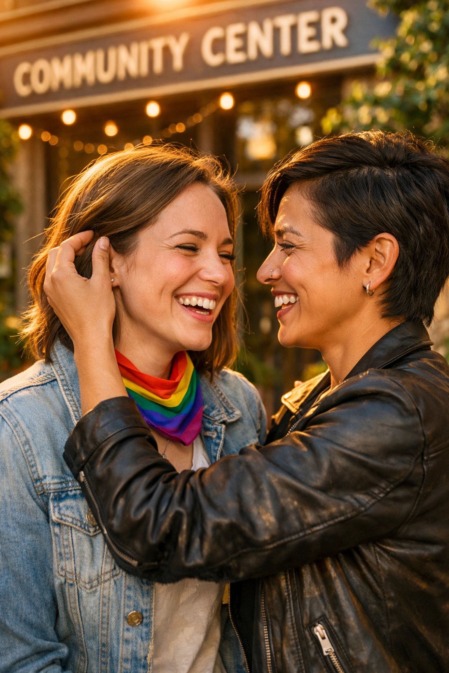 A joyful lesbian couple embracing pride in an affirming community, representing freedom and living out loud.