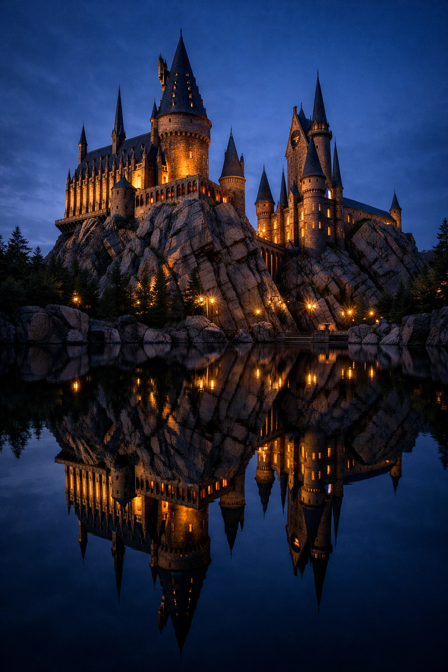 Hogwarts Castle reflection in the Black Lake, a must-visit photo spot at the Wizarding World of Harry Potter.