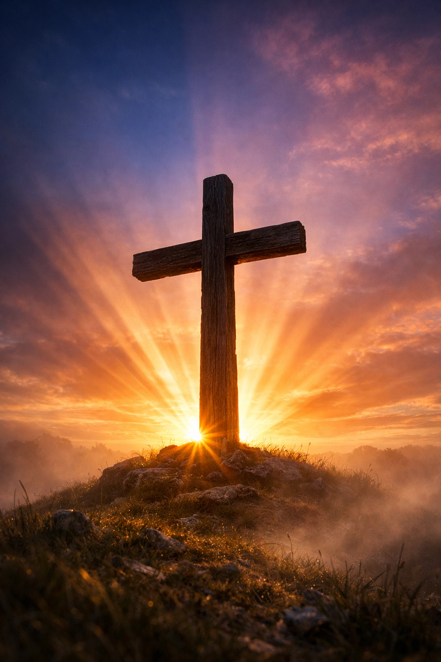 Wooden cross at sunrise representing hope and new life through Jesus Christ's resurrection