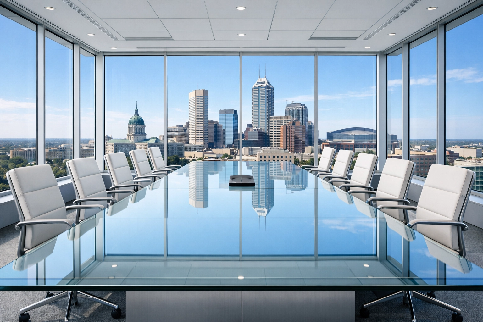 Clean Indianapolis office conference room with a pristine glass table reflecting professional recurring cleaning.