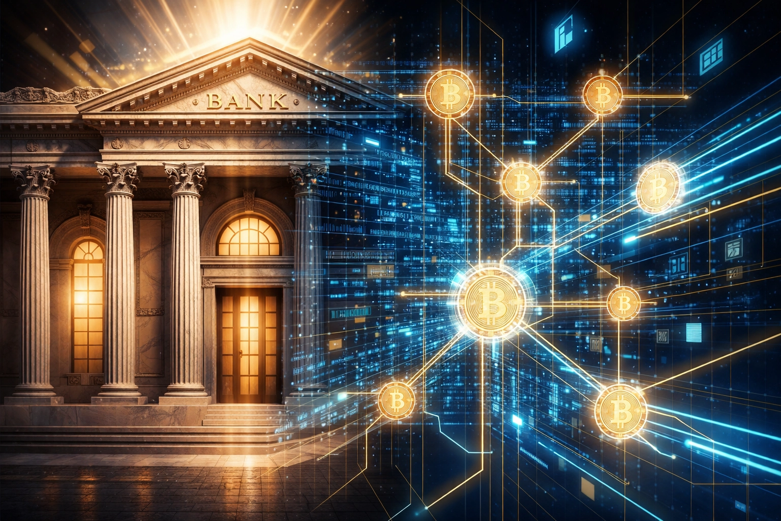 Concept of traditional finance merging with cryptocurrency, reflecting new exclusive investment opportunities