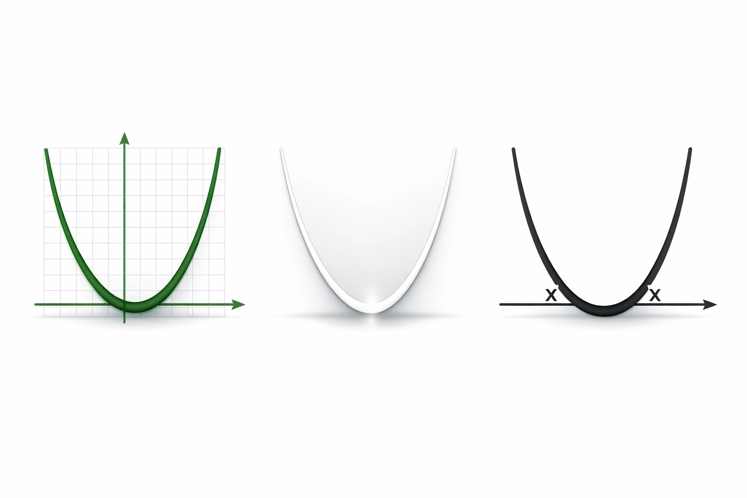 Three parabolic curves showing standard form, vertex form, and factored form of quadratic equations