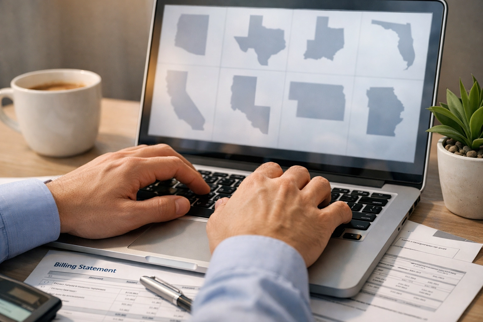 Billing specialist reviewing state-specific mental health billing requirements on laptop