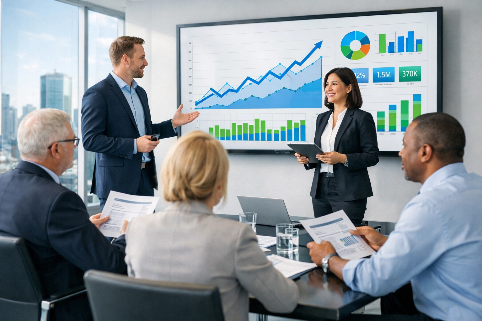 ServiceNow consulting services ROI presentation with analytics dashboards and implementation metrics