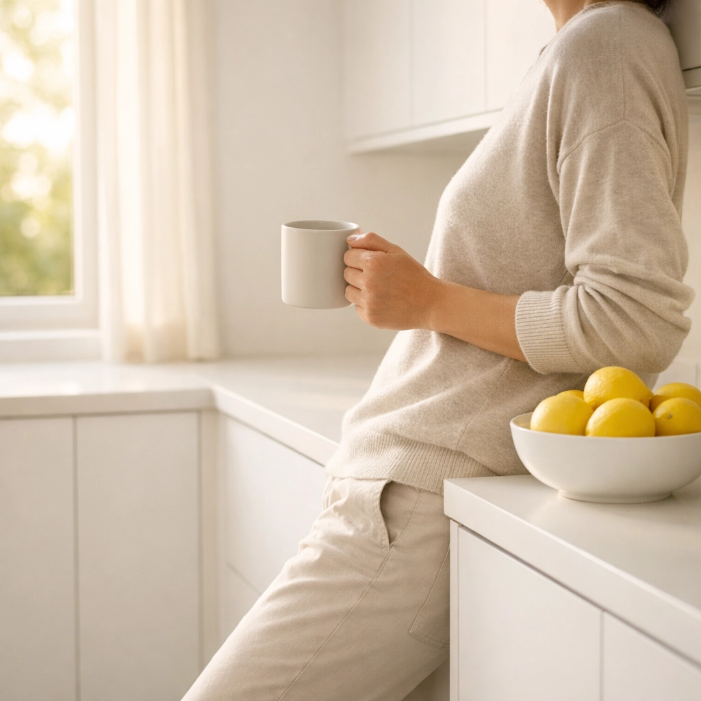 Bright white kitchen cabinets painted to maximize natural light and improve home mood.