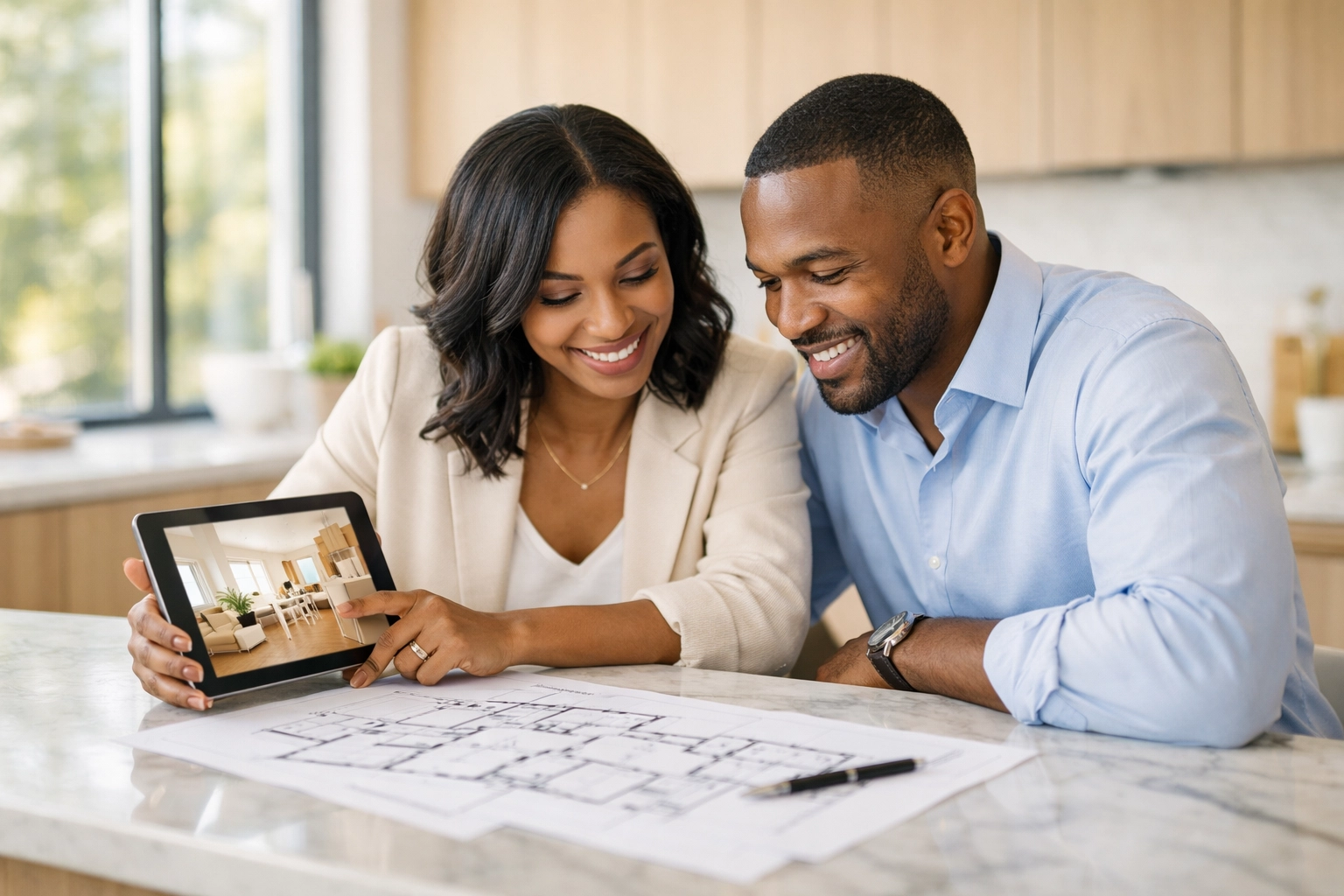 Black couple reviewing home plans in a modern kitchen, ready to buy home in NC Triangle.