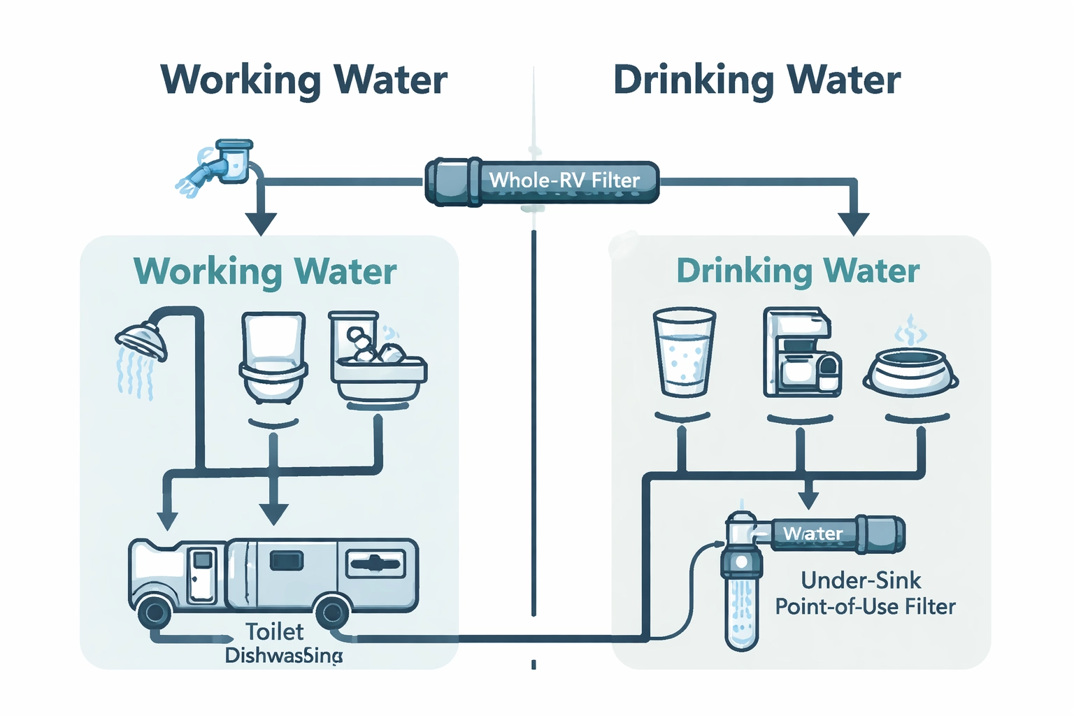 Diagram showing working water vs drinking water in an RV, with icons and arrows illustrating whole-RV filtration vs under-sink point-of-use filtration.