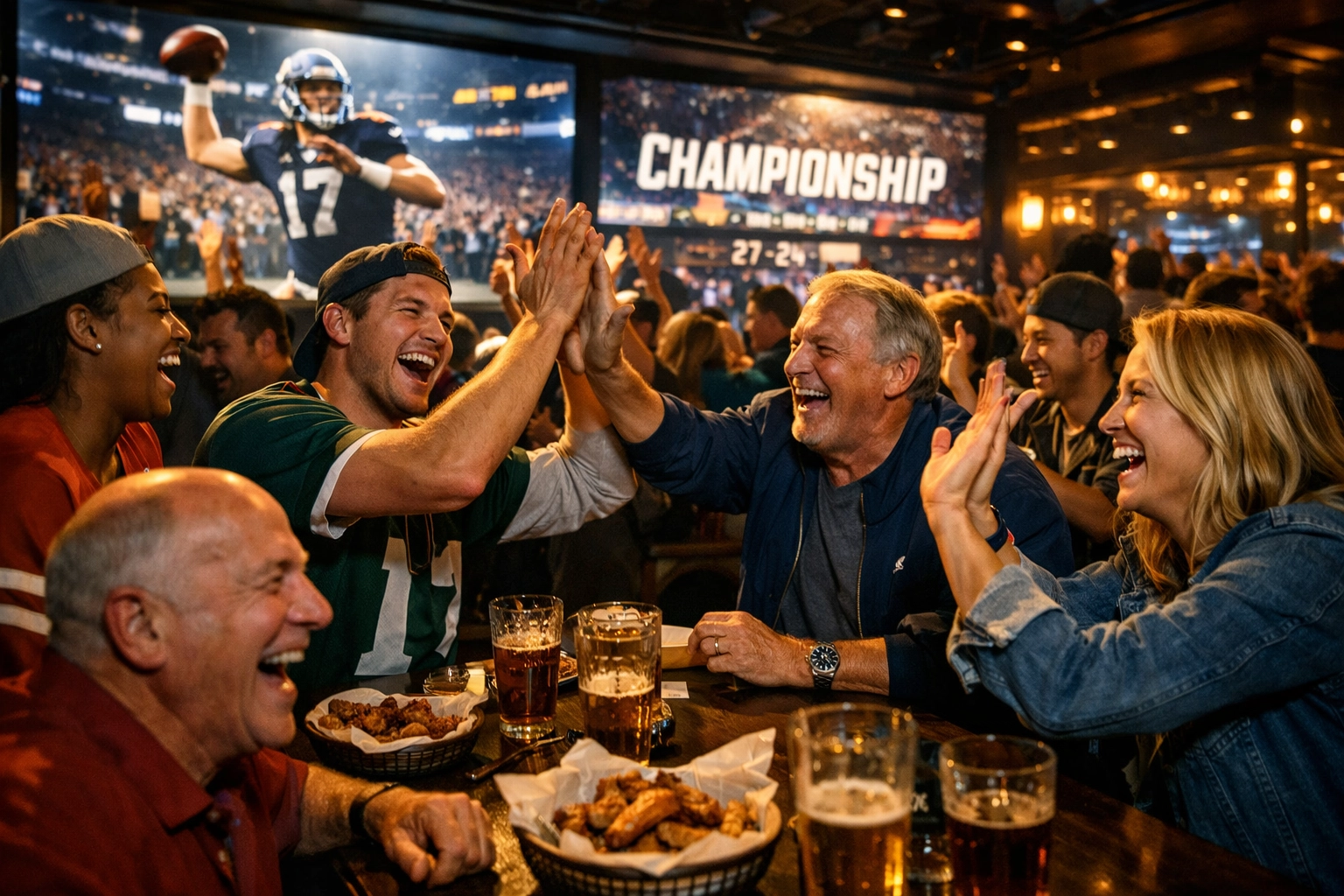 Diverse sports fans cheering at a bar in front of high-tech digital Super Bowl branding screens.