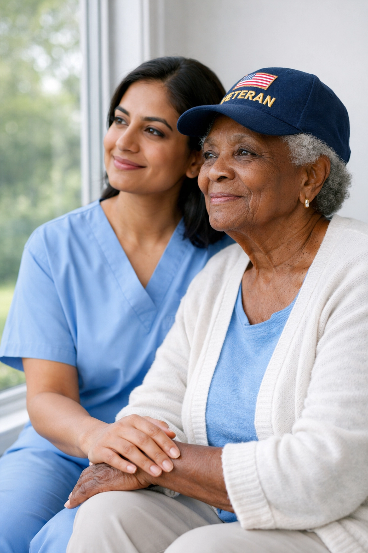 A professional caregiver offering compassionate support to a female veteran in Northern Virginia.