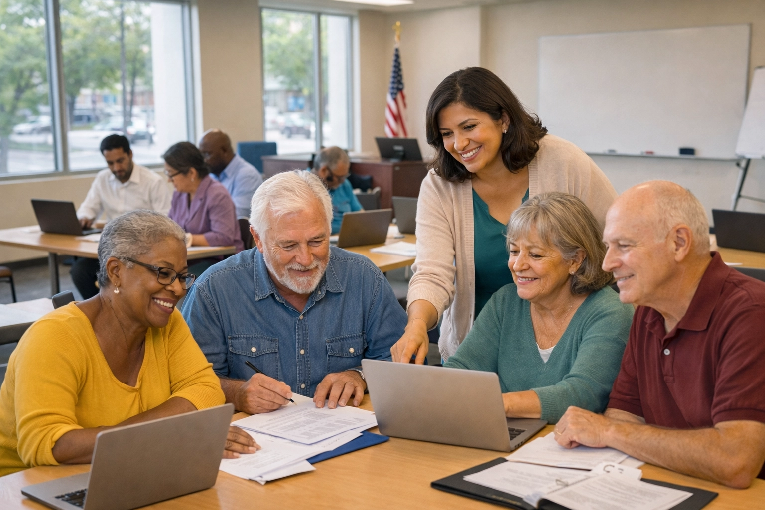 Adults in a community workforce training setting reviewing materials related to employment and benefits requirements