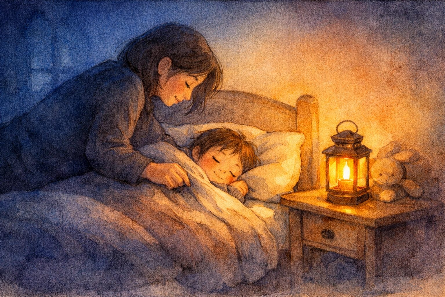A parent tucks a child into bed by warm lantern light during a gentle evening family reflection.