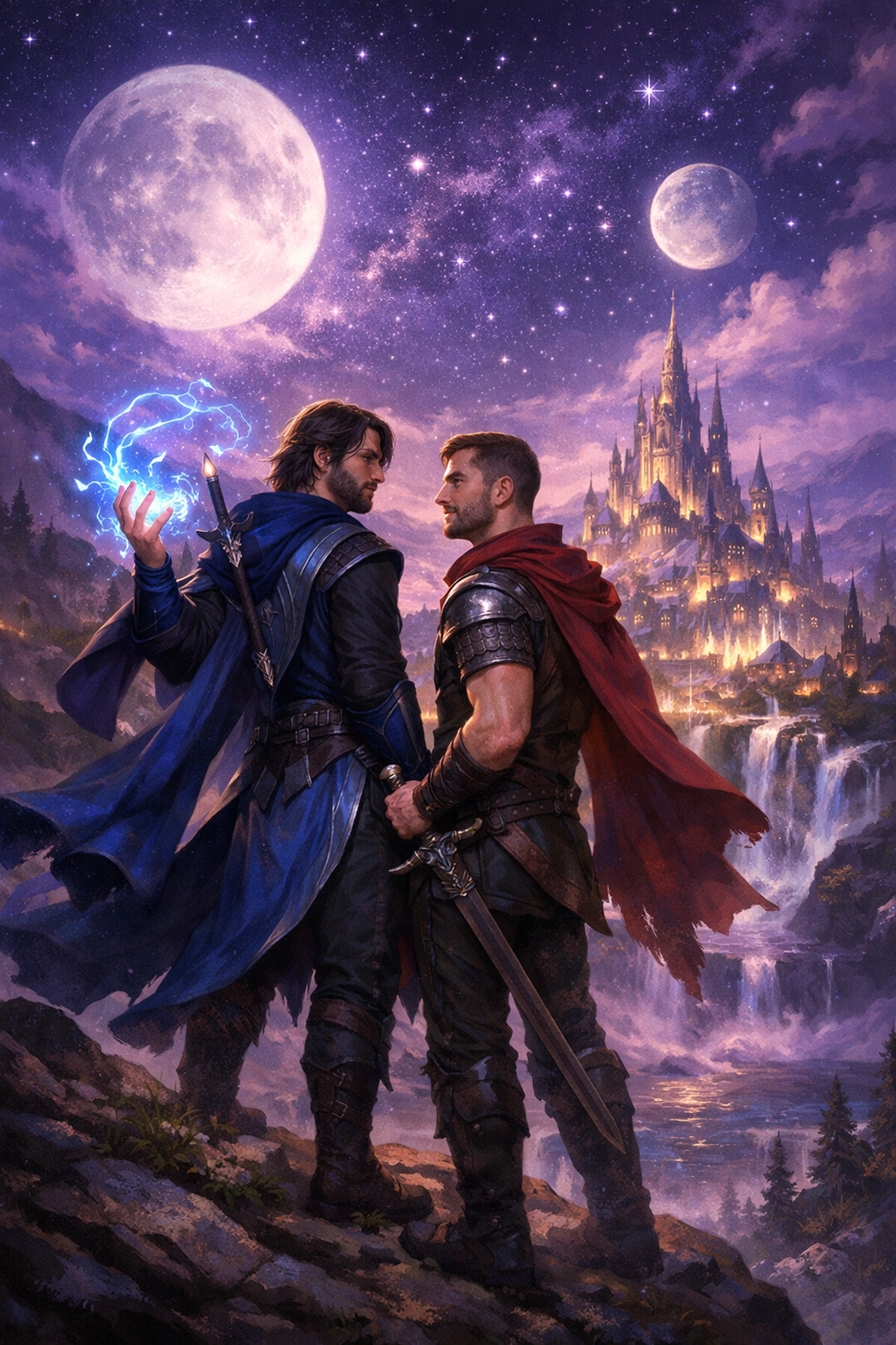 A queer mage and warrior looking over a mystical city, representing epic gay fantasy romance stories.