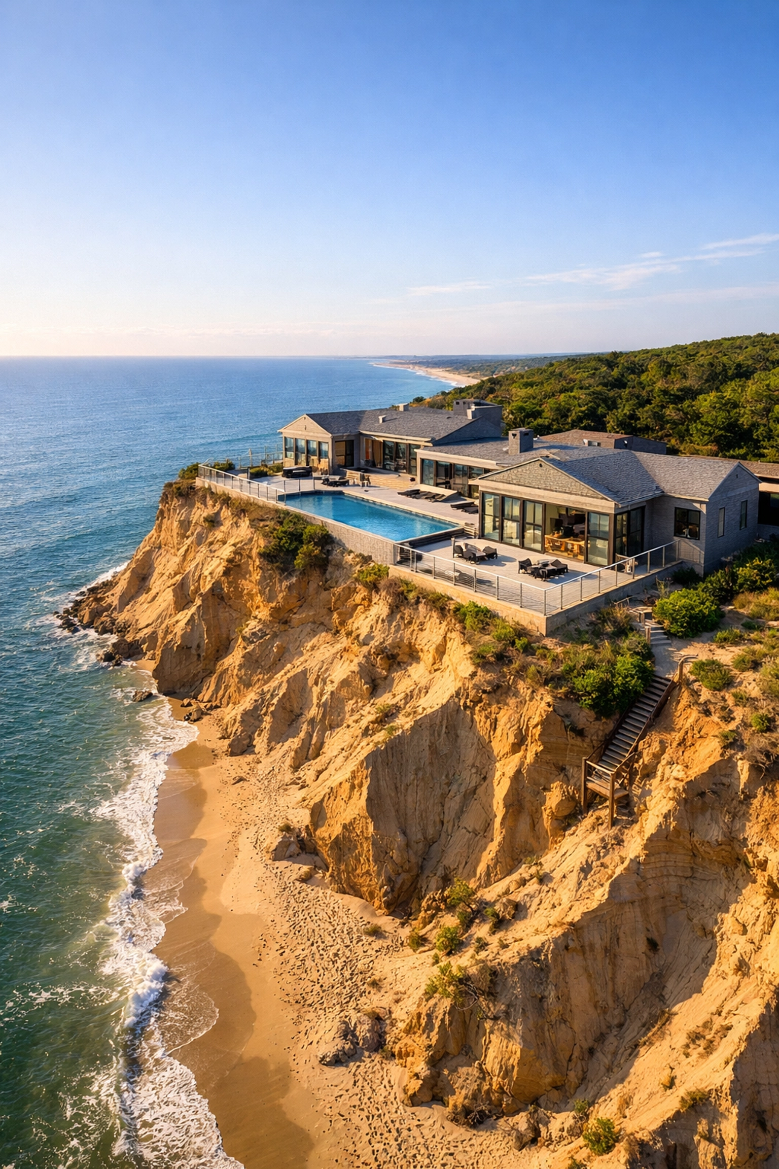 Luxury contemporary estate on the coastal bluffs of Truro Cape Cod illustrating elevation protection.