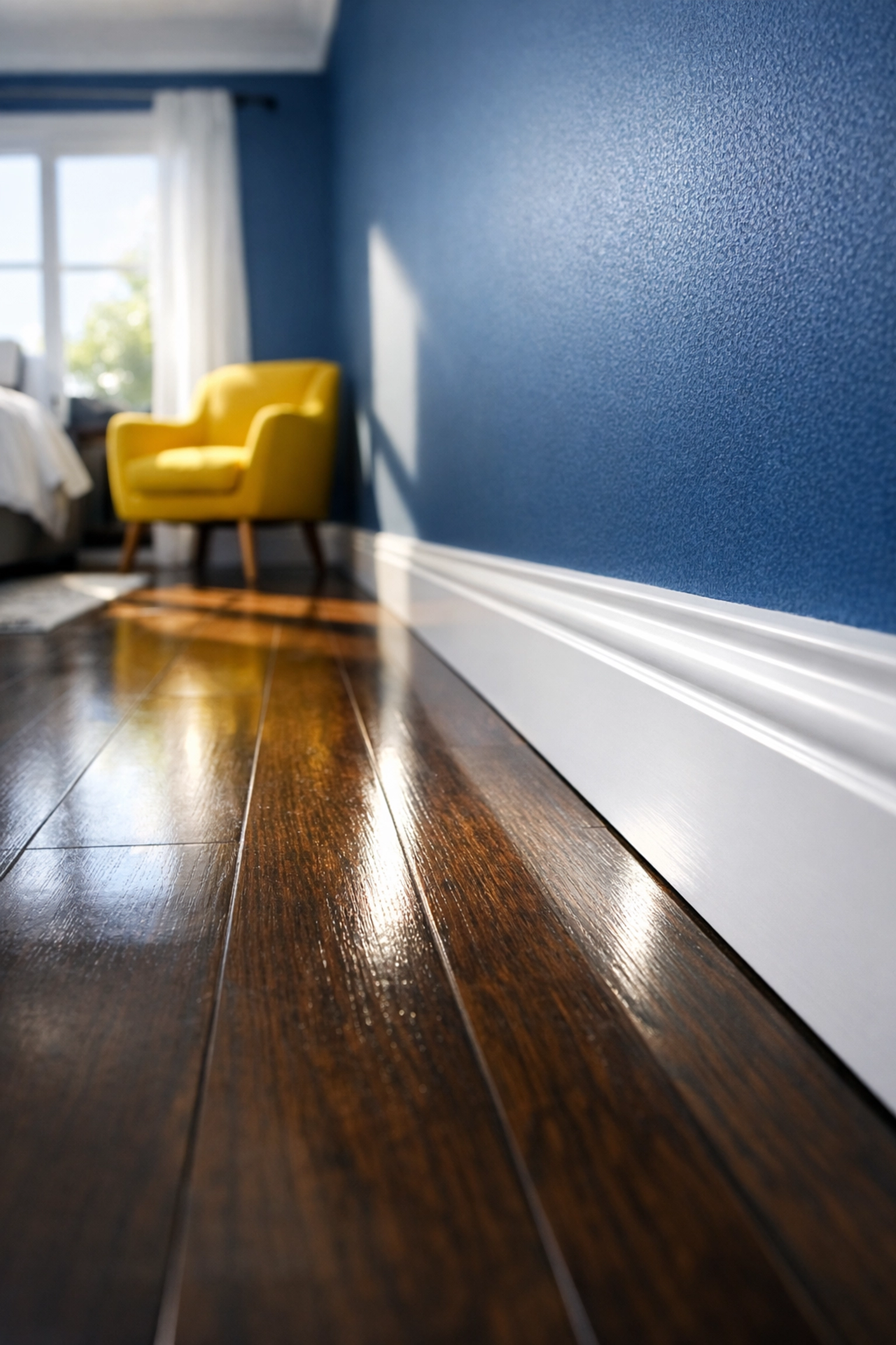 Deeply sanitized bedroom floor and baseboards provided by professional house cleaning services.